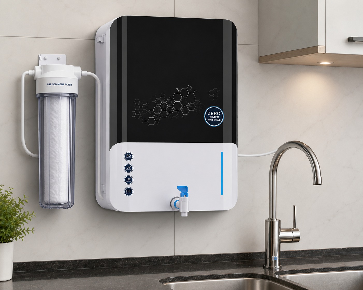 Modern RO UV UF water purifier installed in a kitchen with pre-sediment filter