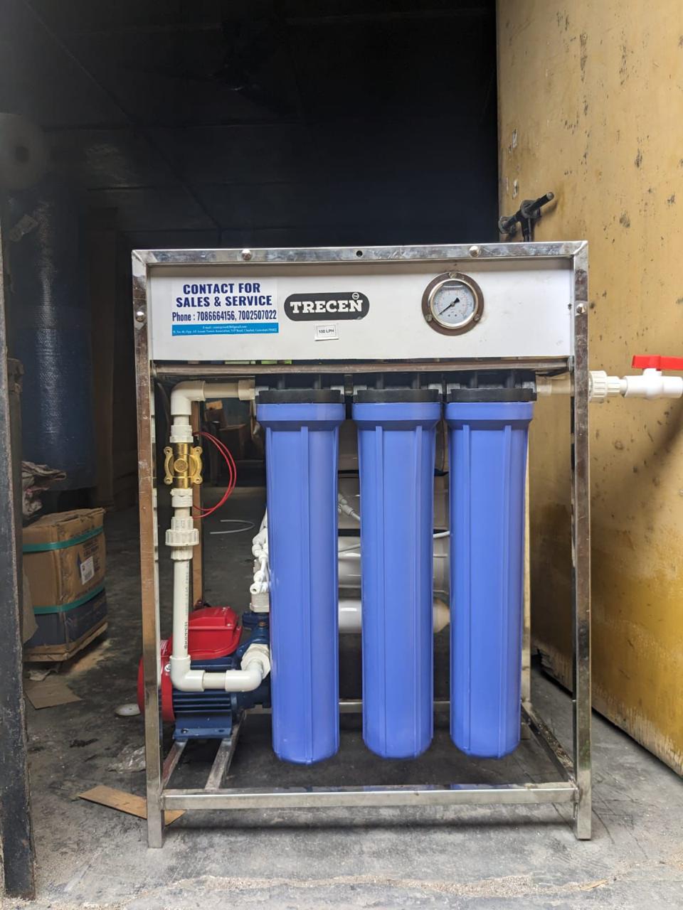 Commercial 100 LPH RO water plant with pump and triple filter housings