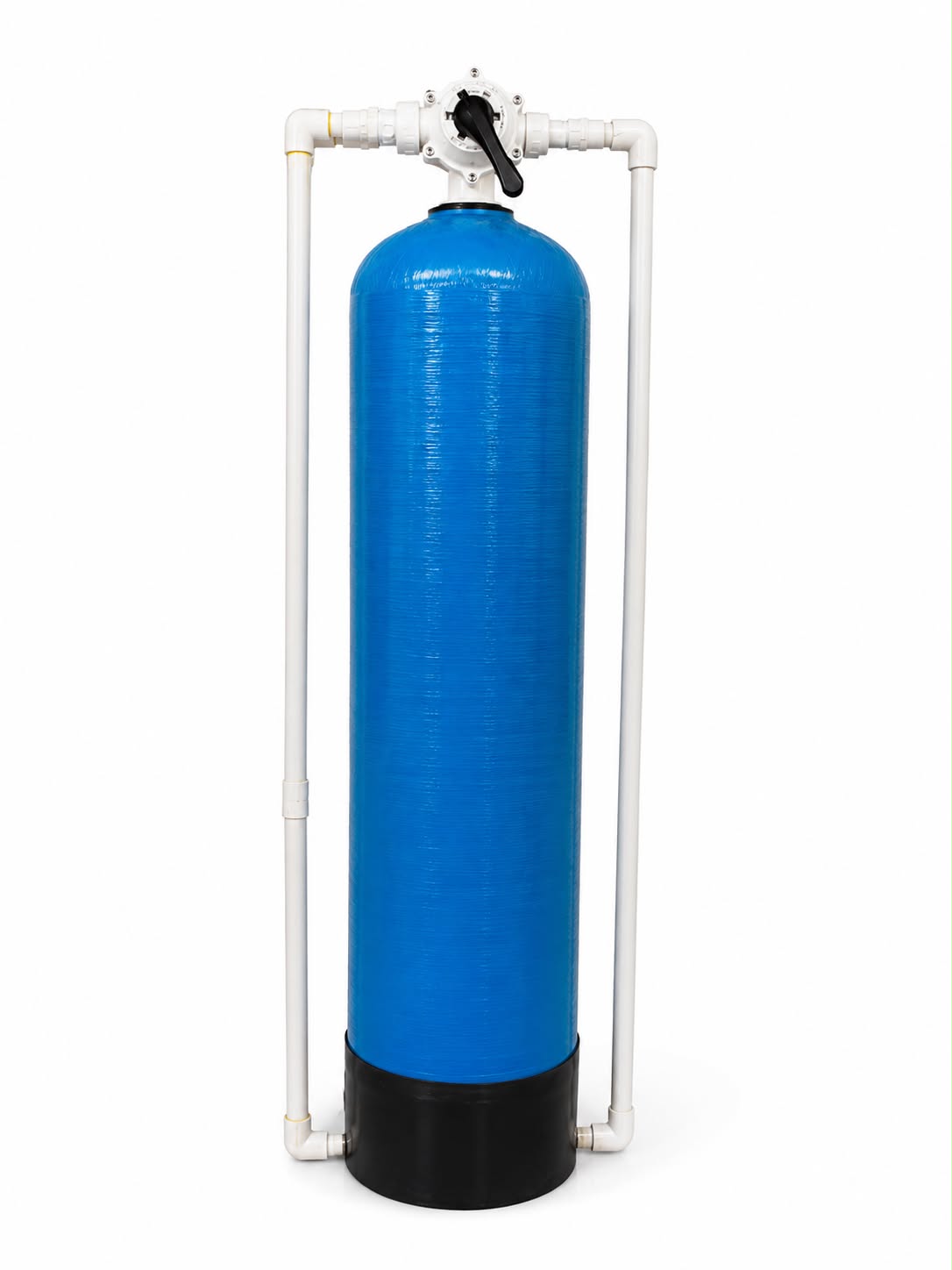 Blue FRP water softener tank with multiport valve and PVC piping